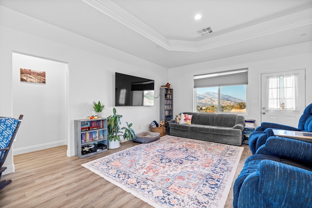 living room with a raised ceiling, light hardwood / wood-style flooring, and ornamental molding