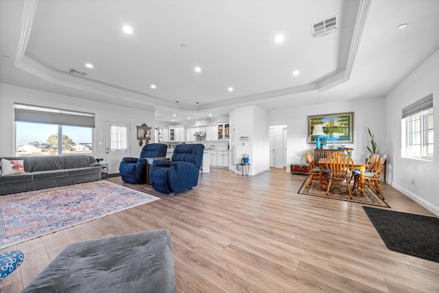 living room with light hardwood / wood-style floors and a raised ceiling