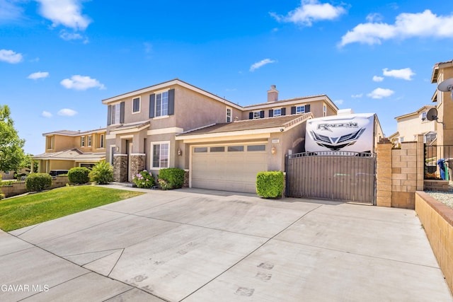 5080 Meadowsweet Dr, Palmdale, CA 93551 - view of front of home with stucco siding, driveway, a gate, a garage, and a chimney