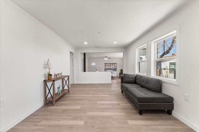 living room with ornamental molding, ceiling fan, and light hardwood / wood-style flooring