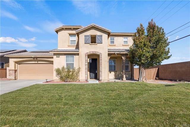 view of front of home with a garage and a front lawn