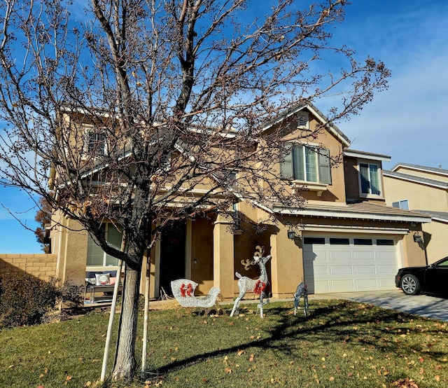 view of front of house with cooling unit, a front lawn, and a garage