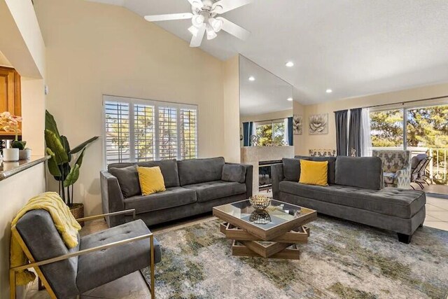 344 Vista Royal Dr, Palm Desert, CA 92211 - living area with a ceiling fan, vaulted ceiling, and recessed lighting