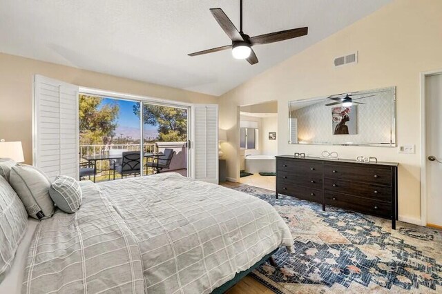 344 Vista Royal Dr, Palm Desert, CA 92211 - bedroom featuring a ceiling fan, access to exterior, visible vents, vaulted ceiling, and baseboards