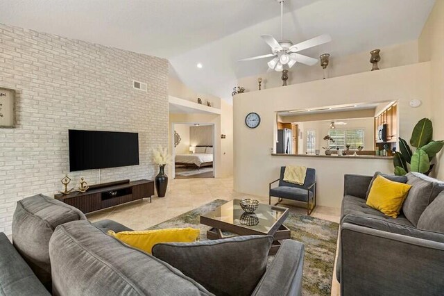 344 Vista Royal Dr, Palm Desert, CA 92211 - living room featuring visible vents, ceiling fan, and vaulted ceiling