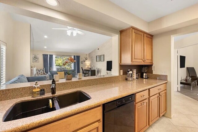 344 Vista Royal Dr, Palm Desert, CA 92211 - kitchen with a sink, dishwasher, open floor plan, light tile patterned floors, and lofted ceiling