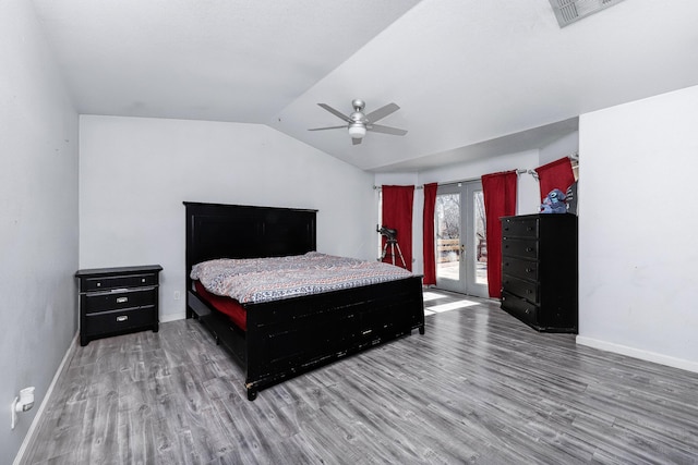 bedroom with french doors, vaulted ceiling, hardwood / wood-style flooring, ceiling fan, and access to exterior