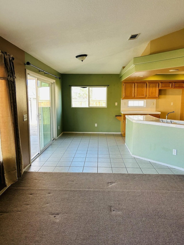 unfurnished living room with plenty of natural light, light colored carpet, and a textured ceiling