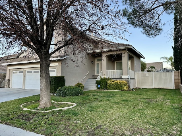 view of front of property featuring driveway, a porch, an attached garage, stucco siding, and a front lawn