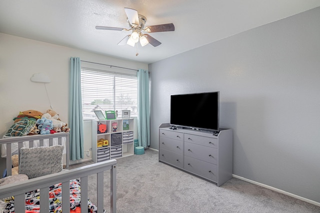 43661 Bravo Ln, Lancaster, CA 93535 - bedroom featuring light carpet, ceiling fan, and baseboards