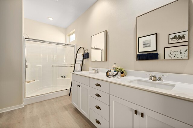 bathroom with wood finished floors, a stall shower, and a sink