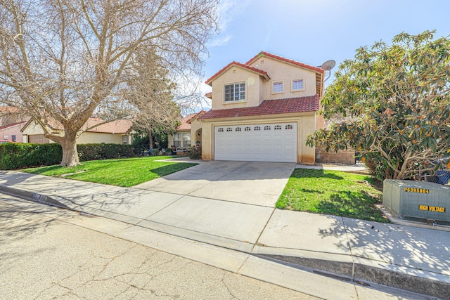 view of front of house with stucco siding, concrete driveway, a garage, a tiled roof, and a front lawn