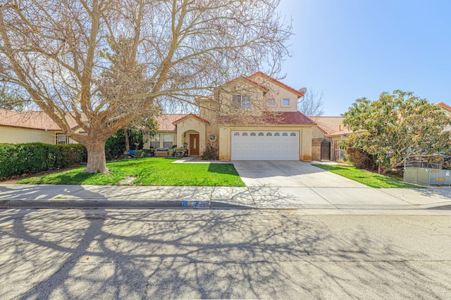 view of front facade featuring driveway, a tile roof, a front yard, and stucco siding