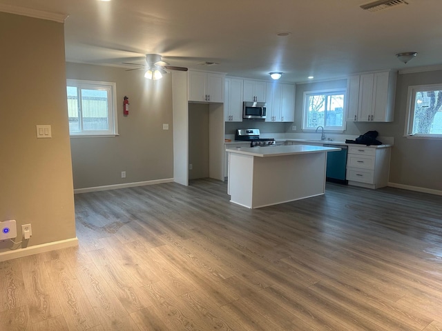 kitchen with a sink, stainless steel appliances, plenty of natural light, and white cabinets