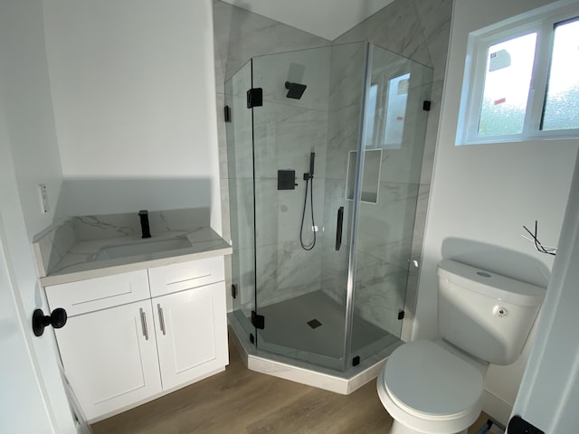 bathroom featuring a shower with door, vanity, hardwood / wood-style floors, and toilet