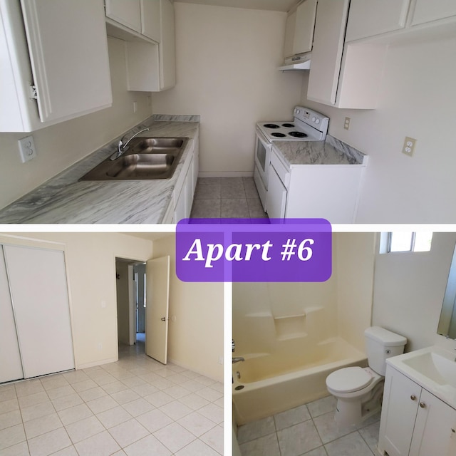 330 Roberts Ln, Bakersfield, CA 93308 - kitchen featuring electric range, a sink, under cabinet range hood, and light tile patterned floors