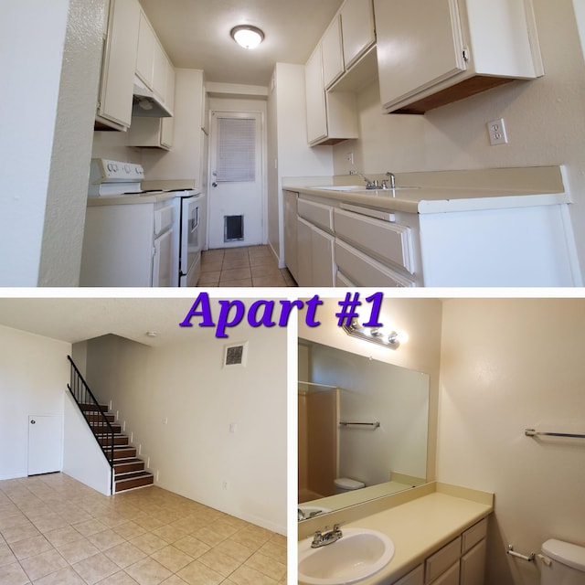 330 Roberts Ln, Bakersfield, CA 93308 - kitchen with white electric stove, a sink, light tile patterned floors, and light countertops