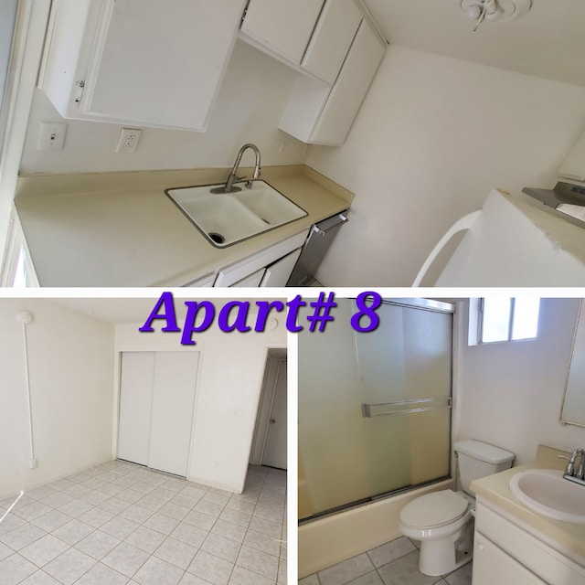330 Roberts Ln, Bakersfield, CA 93308 - bathroom with a shower with shower door, vanity, tile patterned flooring, and toilet