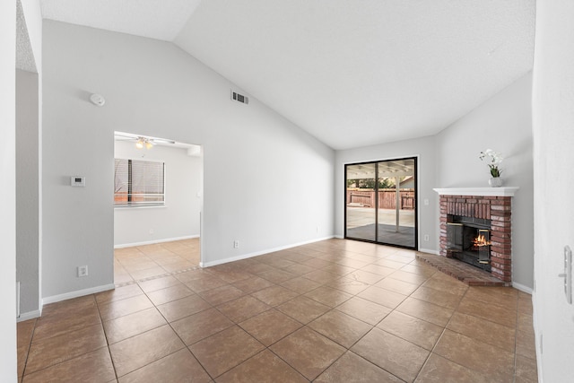 38115 E 41st St, Palmdale, CA 93552 - unfurnished living room with lofted ceiling, a fireplace, tile patterned flooring, a ceiling fan, and baseboards