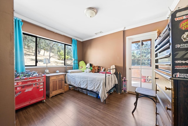 bedroom featuring crown molding and dark wood-type flooring