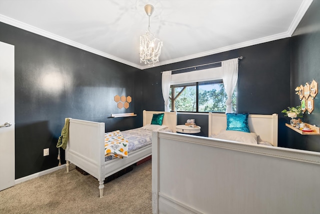 carpeted bedroom featuring a chandelier and crown molding