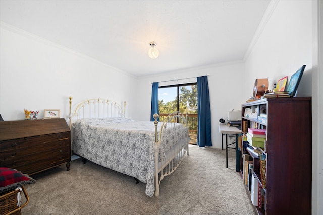 carpeted bedroom with access to outside and crown molding