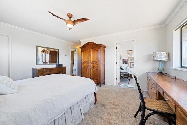 carpeted bedroom featuring ceiling fan and crown molding