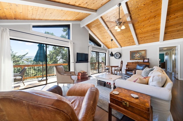 living room featuring beamed ceiling, ceiling fan, wood ceiling, and hardwood / wood-style flooring