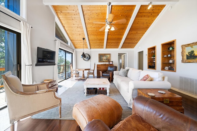 living room with wood-type flooring, beamed ceiling, wooden ceiling, and high vaulted ceiling