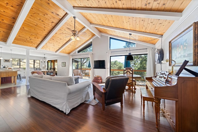 living room with beam ceiling, ceiling fan with notable chandelier, high vaulted ceiling, and wood ceiling