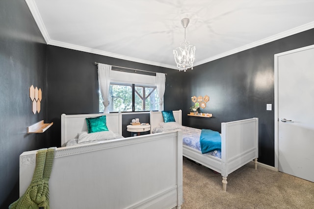 carpeted bedroom featuring crown molding and a chandelier