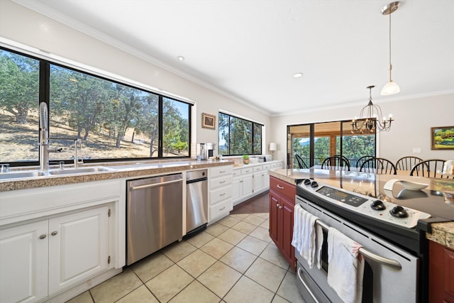 kitchen featuring electric range oven, white cabinets, sink, dishwasher, and hanging light fixtures