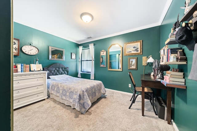 carpeted bedroom with ornamental molding