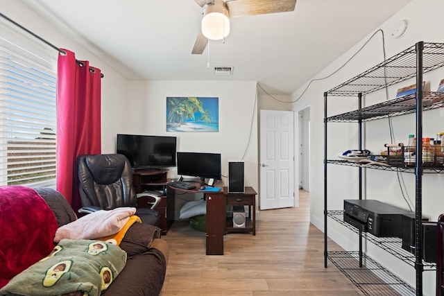 office space with visible vents, wood finished floors, and a ceiling fan