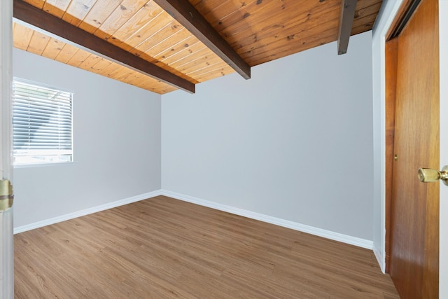 unfurnished room featuring beam ceiling, wood ceiling, and hardwood / wood-style flooring