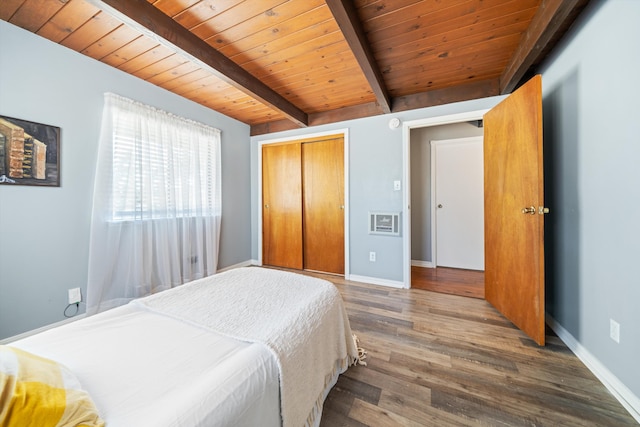 bedroom featuring beam ceiling, a closet, wood ceiling, and wood-type flooring