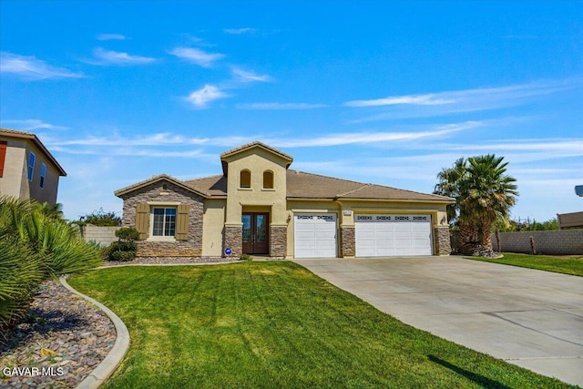 41729 Firenze St, Lancaster, CA 93536 - view of front facade featuring a garage, stone siding, concrete driveway, and stucco siding
