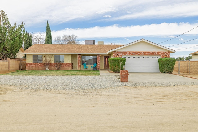 single story home with roof with shingles, a garage, brick siding, fence, and concrete driveway