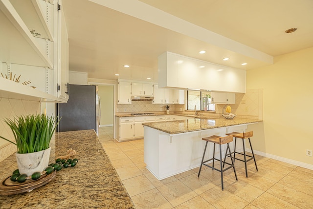 kitchen featuring a peninsula, under cabinet range hood, a sink, appliances with stainless steel finishes, and backsplash