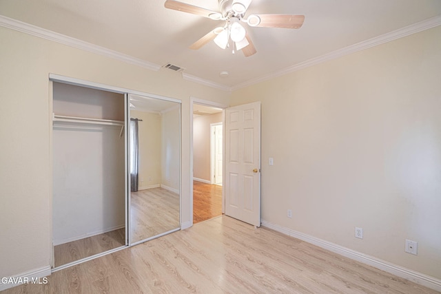 4068 Vancouver Ln, Quartz Hill, CA 93536 - unfurnished bedroom featuring wood finished floors, ornamental molding, a closet, and ceiling fan