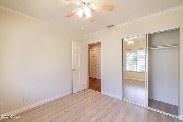 4068 Vancouver Ln, Quartz Hill, CA 93536 - unfurnished bedroom with light wood finished floors, ornamental molding, a closet, and a ceiling fan