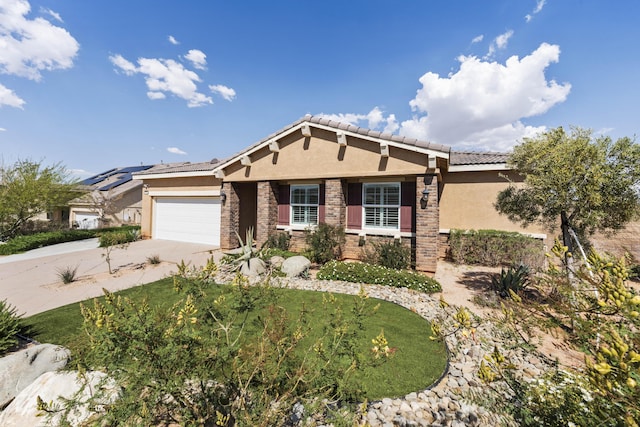 41840 Sonoma Rd, Palmdale, CA 93551 - view of front facade featuring stucco siding, concrete driveway, an attached garage, stone siding, and a tile roof