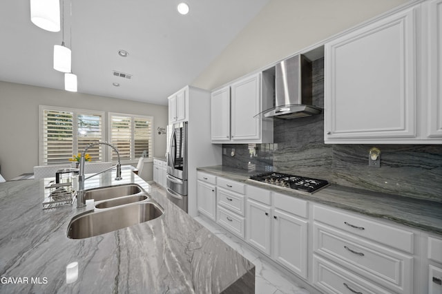 42409 W 66th St, Lancaster, CA 93536 - kitchen with wall chimney range hood, appliances with stainless steel finishes, backsplash, white cabinetry, and recessed lighting