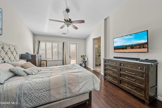 42409 W 66th St, Lancaster, CA 93536 - bedroom with dark wood-style floors, a ceiling fan, ensuite bathroom, and vaulted ceiling