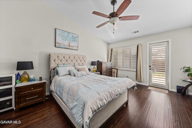 42409 W 66th St, Lancaster, CA 93536 - bedroom featuring access to exterior, dark wood finished floors, lofted ceiling, and a ceiling fan