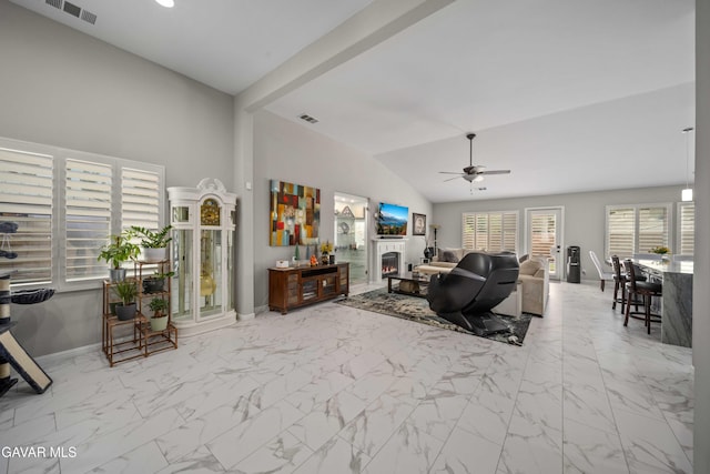 42409 W 66th St, Lancaster, CA 93536 - living area featuring ceiling fan, vaulted ceiling, marble finish floors, and a lit fireplace