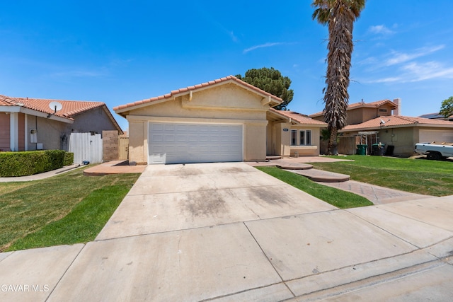 4633 Dowel Ave, Palmdale, CA 93552 - ranch-style house with stucco siding, a garage, a gate, concrete driveway, and a tiled roof