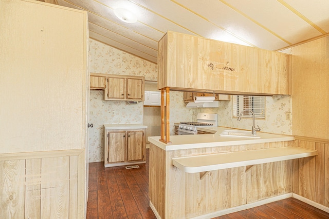 kitchen featuring kitchen peninsula, dark hardwood / wood-style flooring, gas range gas stove, a breakfast bar, and sink