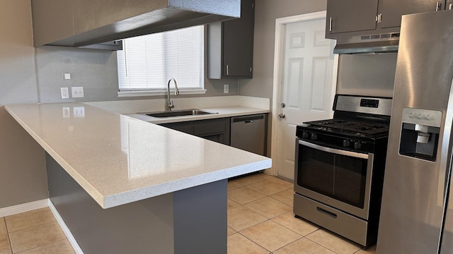 kitchen featuring kitchen peninsula, sink, gray cabinetry, light tile patterned floors, and stainless steel appliances