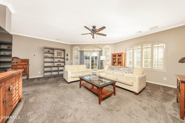 33430 E 133rd St, Pearblossom, CA 93553 - carpeted living room featuring ornamental molding and a ceiling fan